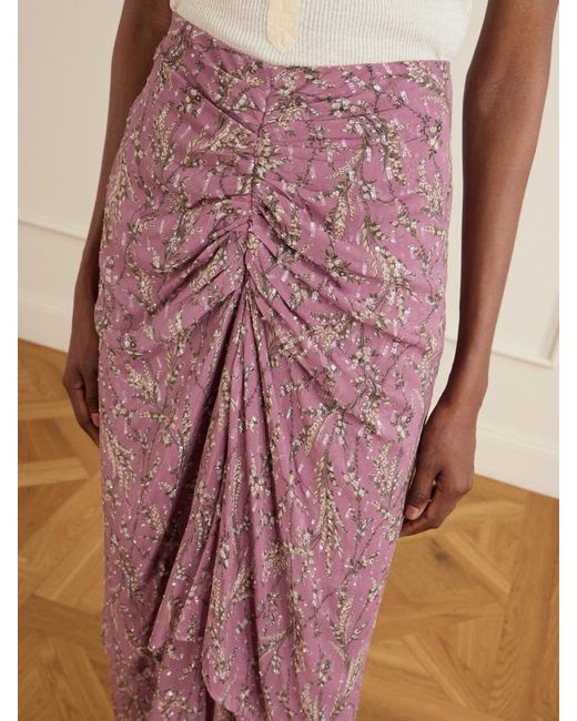 Veronica Beard Pink Sira Ruffled Floral-Print Metallic Maxi Skirt