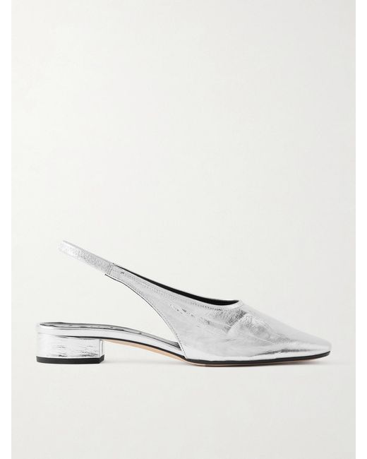Aeyde White Dua Metallic Crinkled-Leather Slingback Pumps