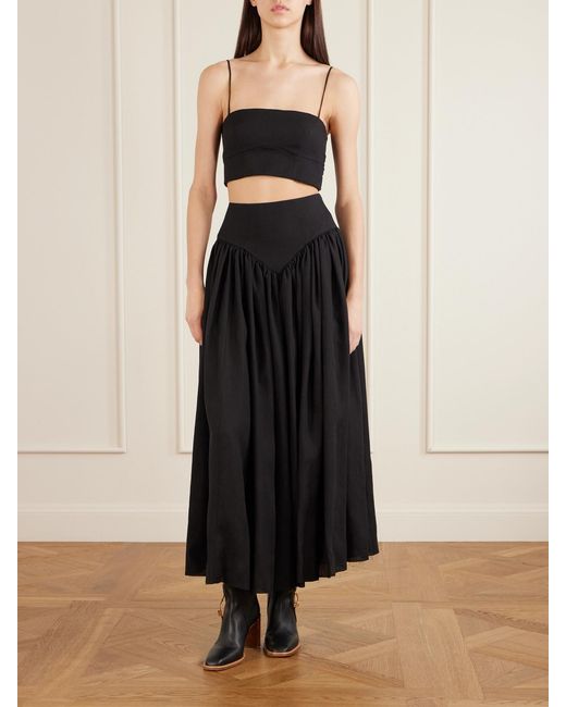 Gabriela Hearst Black Juniper Frayed Paneled Linen Midi Skirt