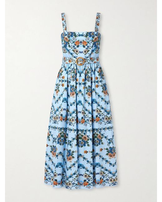 Borgo De Nor Blue Ninet Belted Floral-Print Cotton-Poplin Midi Dress