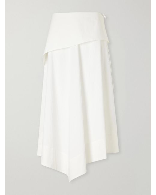 St. Agni White Belted Asymmetric Cotton-Blend Poplin Midi Skirt