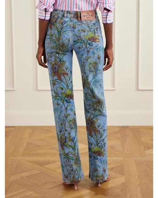 Etro Blue Floral-Print Straight-Leg Jeans