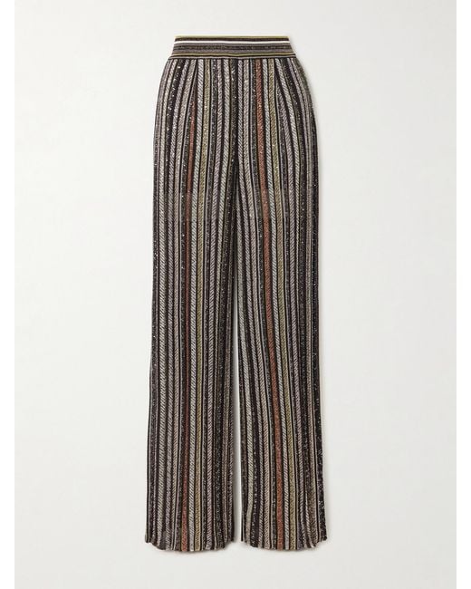 Missoni Brown Sequin-Embellished Striped Crochet-Knit Wide-Leg Pants