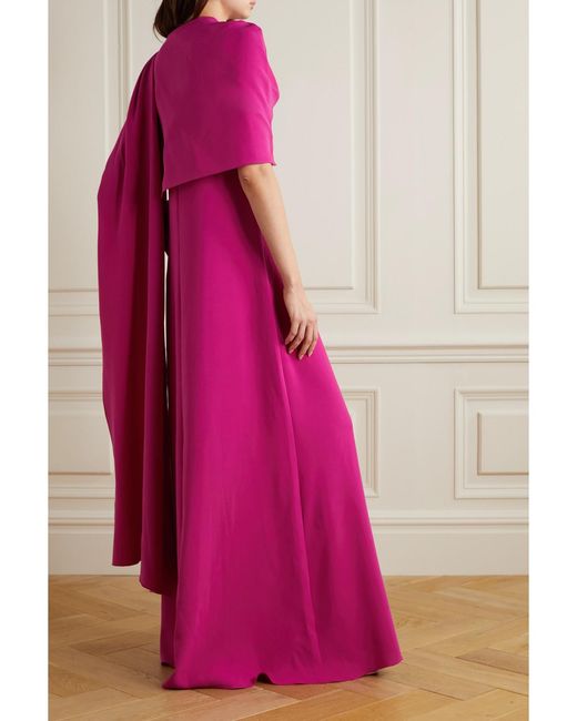 Oscar de la Renta Pink Cape-Effect Embellished Silk-Blend Gown