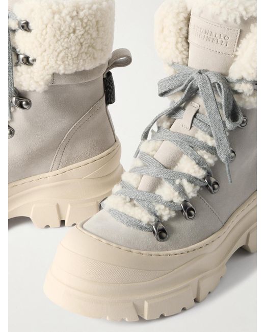 Brunello Cucinelli Natural Ankle Boots Aus Veloursleder Mit Shearling-Futter Und Zierperlen