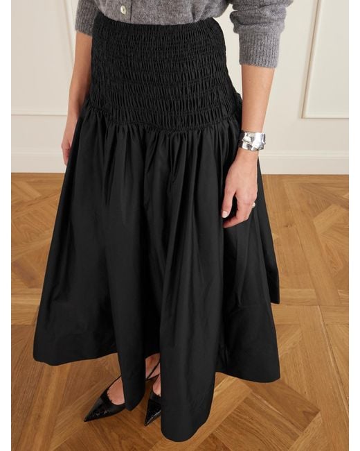 Self-Portrait Black Shirred Cotton-Sateen Midi Skirt