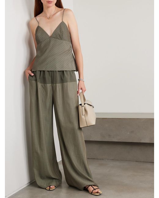 St. Agni Green Splice Pinstriped Twill And Cotton-Blend Poplin Wide-Leg Pants