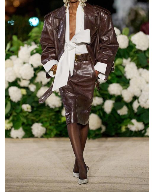 Saint Laurent Brown Belted Leather Pencil Skirt