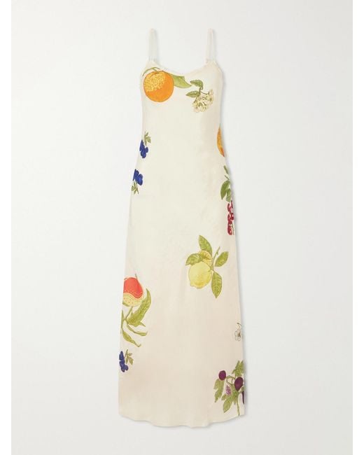 Alix Of Bohemia Natural Athens Nine Fruit Printed Silk Midi Dress