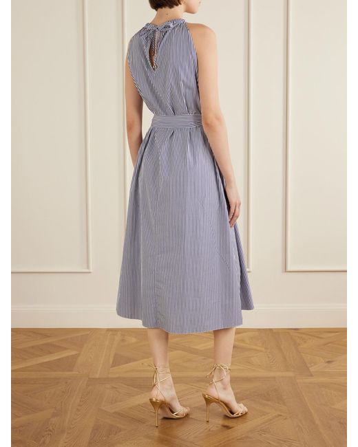 Carolina Herrera Blue Belted Striped Embroidered Cotton-Poplin Halterneck Midi Dress