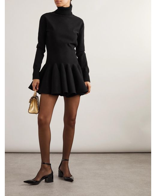 Valentino Garavani Black Pleated Knitted Wool-Blend Turtleneck Mini Dress