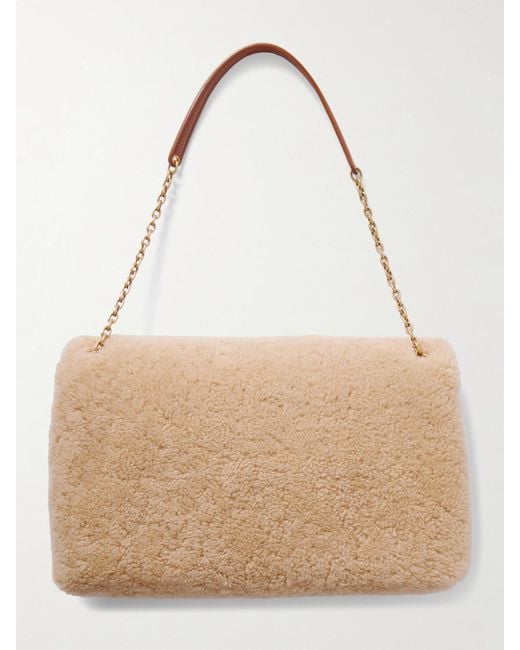 Saint Laurent Natural Cassandre Leather-Trimmed Shearling Shoulder Bag
