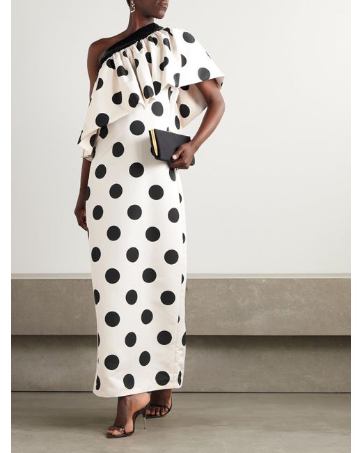 ‎Dima Ayad White One-Shoulder Sequined Polka-Dot Faille Maxi Dress