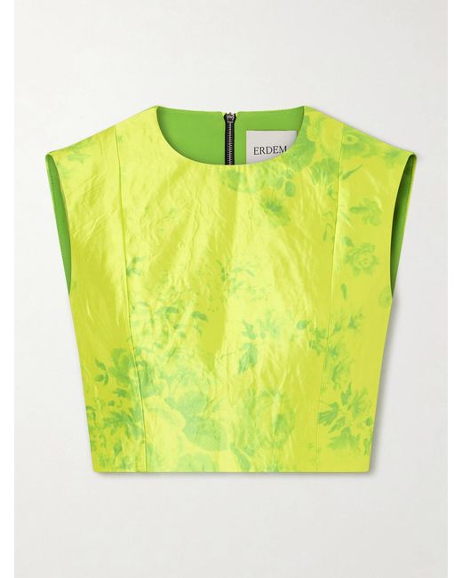 Erdem Green Floral-Print Crinkled-Satin Top