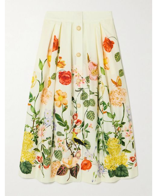 Cara Cara Yellow Marge Button-Embellished Floral-Print Pleated Cotton-Poplin Midi Skirt