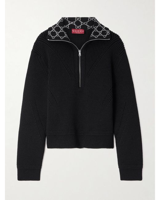 Gucci Black Crystal-Embellished Ribbed Wool Sweater