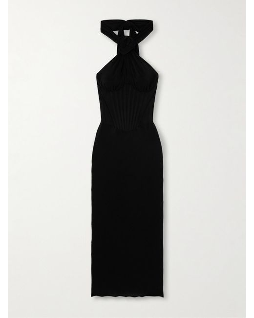 Magda Butrym Black Neckholder-Midikleid Aus Stretch-Tüll Mit Applikation