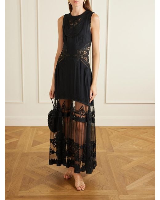 Ulla Johnson Blue Florence Embroidered Tulle And Silk Crepe De Chine Gown