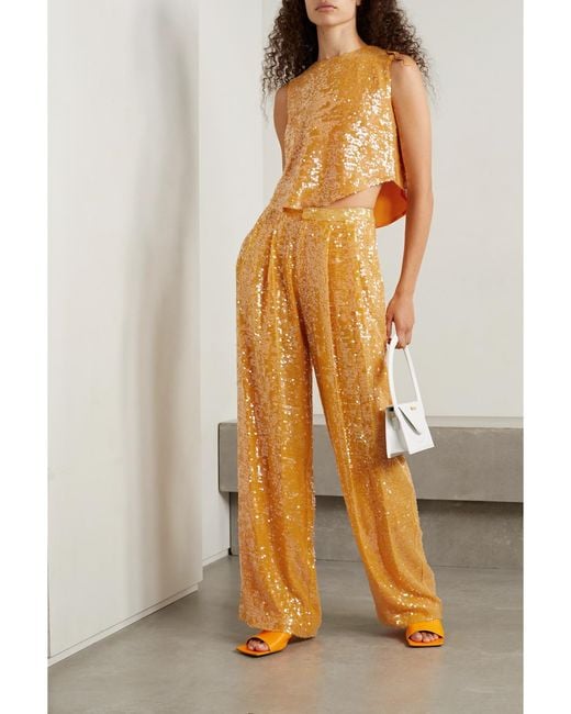LAPOINTE Yellow Pleated Sequined Crepe Straight-Leg Pants