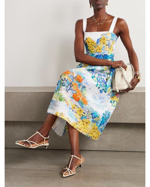 Mary Katrantzou White Iris Pleated Floral-Print Cotton-Poplin Midi Dress