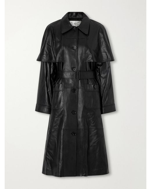 Sea Black Caitlin Belted Leather Trench Coat