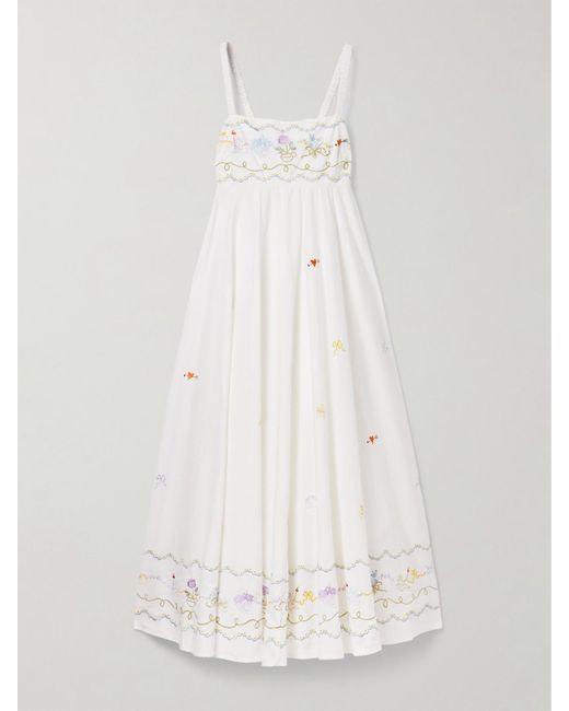 ALÉMAIS White Giulia Shirred Embroidered Organic Cotton-Poplin Maxi Dress