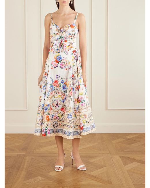 Camilla White Ballerina Tie-Detailed Cutout Ruched Floral-Print Cotton-Blend Midi Dress