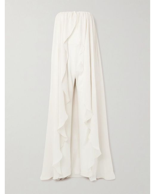 Abadia White Liya Strapless Cape-Effect Chiffon-Trimmed Poplin Jumpsuit