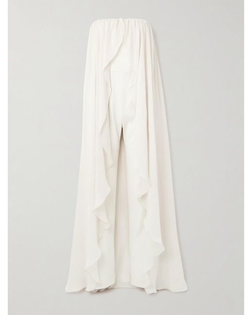 Abadia White Liya Trägerloser Jumpsuit Aus Popeline Mit Cape-Effekt Und Chiffonbesatz