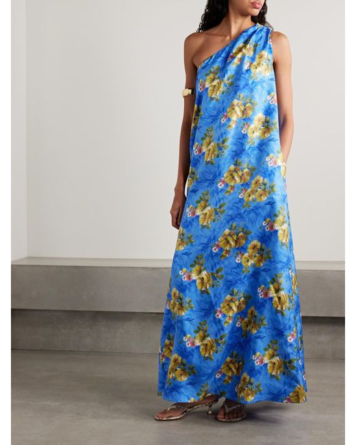 LaDoubleJ Blue Roy Asymmetrisches Maxikleid Aus Seiden-Twill Mit Blumenprint Und Gürtel