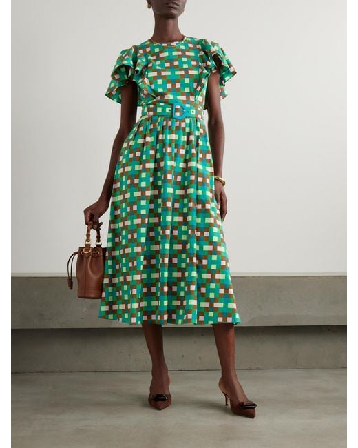 Diane von Furstenberg Green Damon Belted Ruffled Printed Cotton-Blend Midi Dress