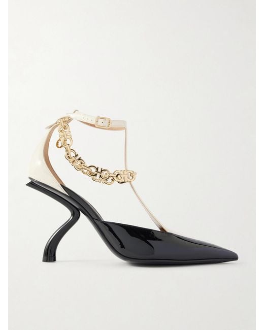 Ferragamo White Ruby Embellished Two-Tone Patent-Leather Pumps