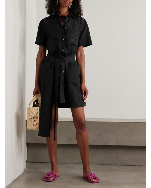 Loewe Black Paula's Ibiza Mini-Hemdblusenkleid Aus Voile Mit Applikation Und Bindegürtel