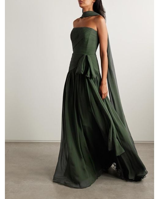 Elie Saab Green Scarf-Detailed Pintucked Silk Crepe De Chine Gown