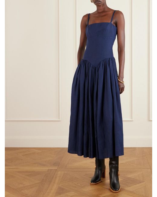 Gabriela Hearst Blue Oriana Gathered Linen Midi Dress