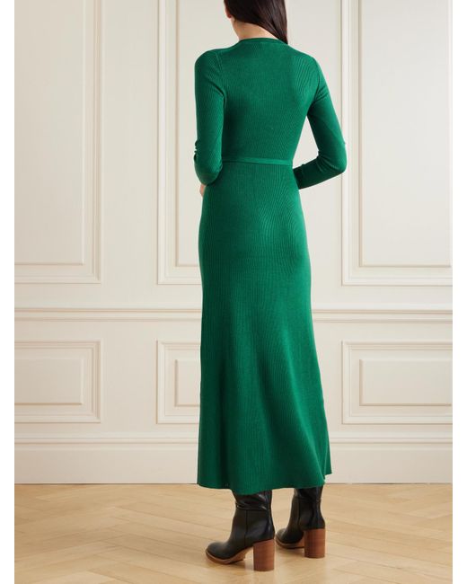 Gabriela Hearst Green Imagene Belted Ribbed Pointelle-Knit Wool Midi Dress