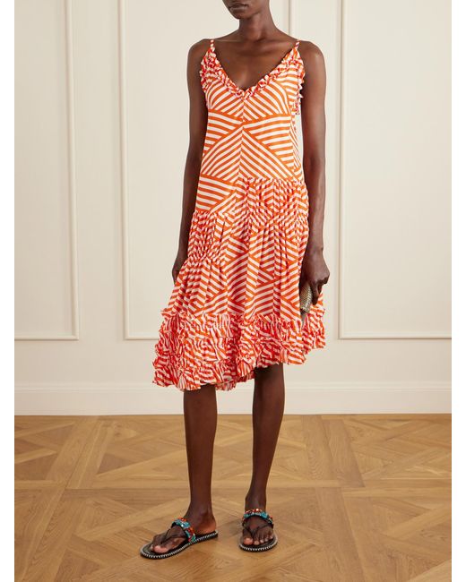 Dries Van Noten Orange Demi Ruffled Asymmetric Striped Cotton Midi Dress
