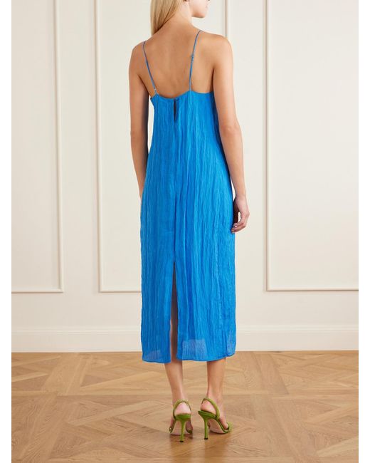 Tibi Blue Crinkled Satin Midi Dress