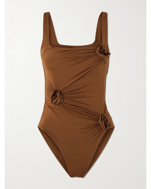 Maygel Coronel Brown Gemma Appliquéd Ruched Swimsuit