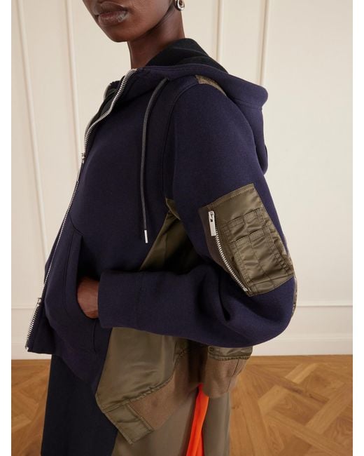 Sacai Blue Sponge Sweat Shell-Paneled Cotton-Blend Jersey Zip-Up Hoodie