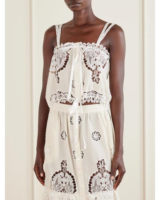 Miguelina White Palmer Cropped Guipure Lace-Trimmed Cotton-Blend Top