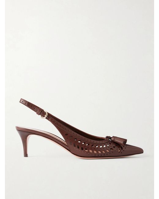 Gianvito Rossi Brown 55 Laser-Cut Leather Kitten Heel Slingback Pumps