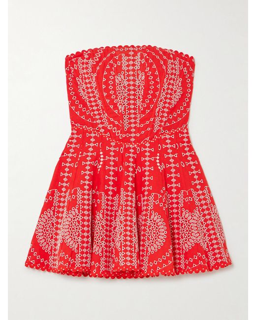 Charo Ruiz Red Clem Strapless Broderie Anglaise Cotton-Blend Mini Dress