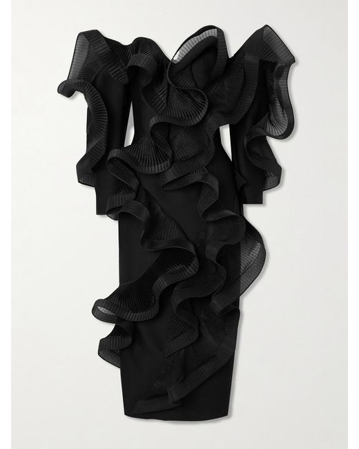 Maticevski Black Stem Wave Strapless Ruffled Pleated Wool And Silk-Blend Midi Dress