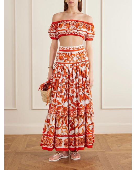 Dolce & Gabbana Red Cropped Printed Cotton-Poplin Top