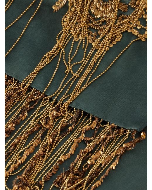 Dries Van Noten Green Fringed Bead-Embellished Silk Scarf