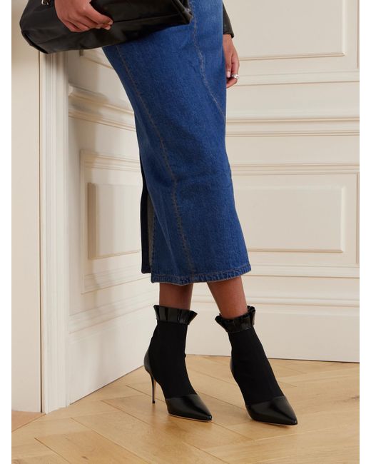 Manolo Blahnik Black Nafar 90 Ankle Boots Mit Spitzer Kappe Aus Stretch-Strick Mit Lederbesätzen Und Rüschen