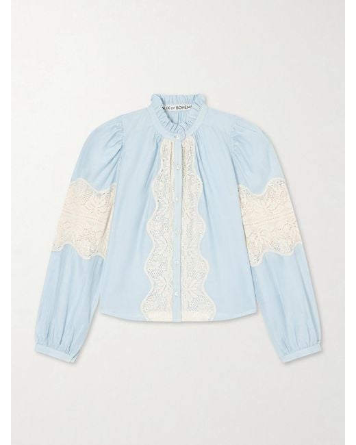 Alix Of Bohemia Blue Annabel Sky Lace-Trimmed Cotton And Silk-Blend Blouse