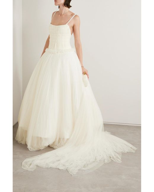 Danielle Frankel Natural Guinevere Shirred Grosgrain-Trimmed Tulle Gown