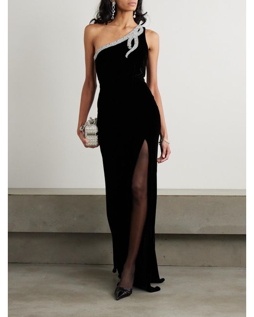 Saloni Black Justine One-Shoulder Embellished Velvet Gown